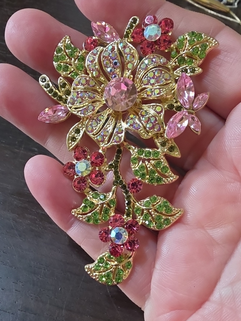 A144- Gold Floral Crystal Brooch - Pink & Green Sparkle